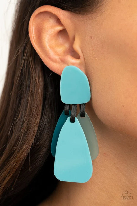 All FAUX One - Oversized Blue/Black Opaque Asymmetrical Ribbon Teardrop Earrings E#575