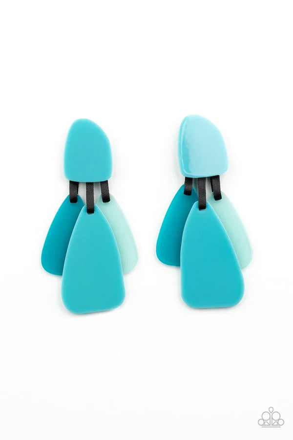 All FAUX One - Oversized Blue/Black Opaque Asymmetrical Ribbon Teardrop Earrings E#575
