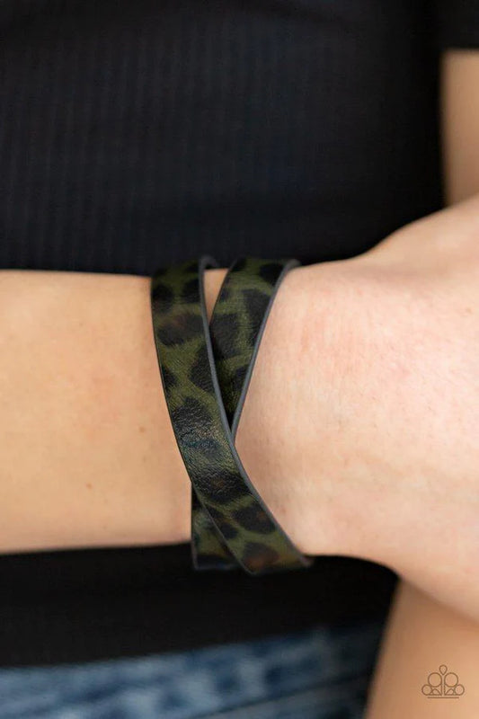All GRRirl - Oversized Green (Green/Black) Wild Cheetah Strip Double Wrap Adjustable Snap Closure Leather Bracelet B#189