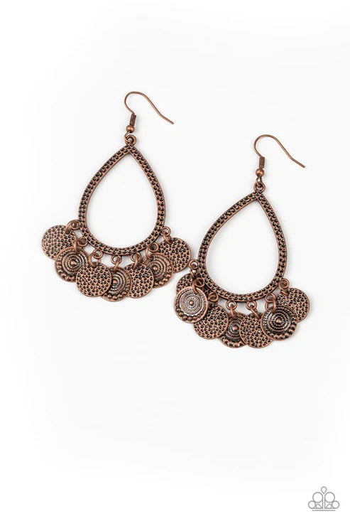 All In Good CHIME - Oversized Copper Studded/Hammered Disc Teardrop Fringe Earrings E#2449