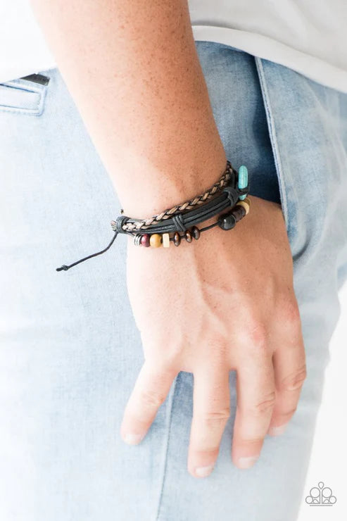 All Out Adventure - Black Mismatched Stone/Wood Accent Leather Adjustable Sliding Knot Closure Urban Bracelet B#1749