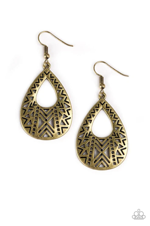 Alpha Amazon - Brass Geometric Tribal Teardrop Earrings E#2647