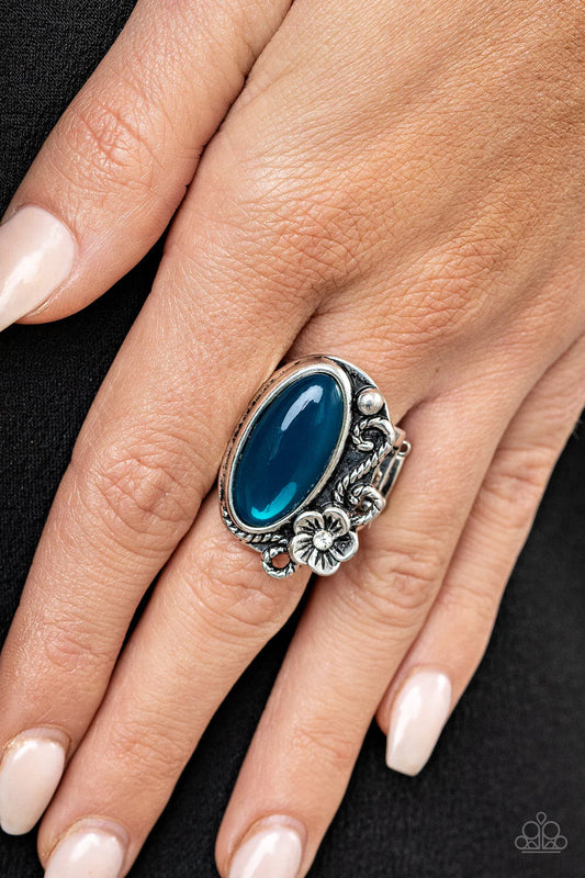 Any DAISY Now - Oversized Blue Glassy Dotted 3D Leafy Floral Ring R#280