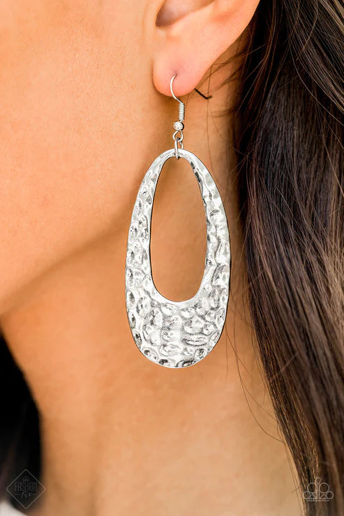 Artisan Abundance - Oversized Silver Hammered Ripples Elongated Oval Hoop Artisan Inspired Earrings E#2433