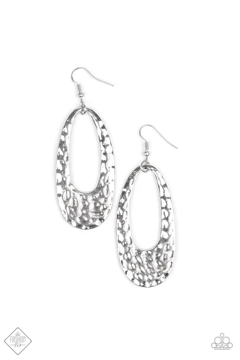 Artisan Abundance - Oversized Silver Hammered Ripples Elongated Oval Hoop Artisan Inspired Earrings E#2433