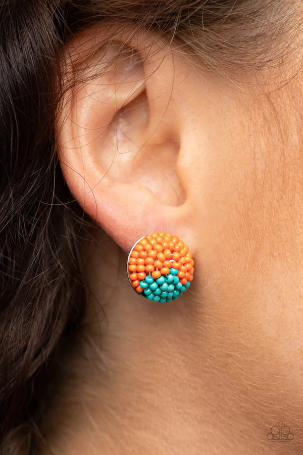 As Happy As Can BEAD - Orange (Amberglow/Blue) Circular Half/Half Seed Bead Earrings E#1423