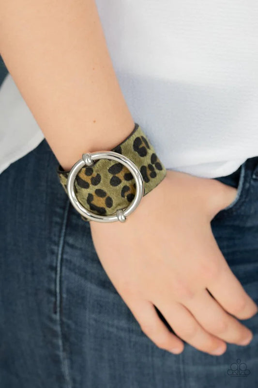 Asking FUR Trouble - Oversized Green/Black/Brown Dramatic Silver Ring Slides Along Black Leather band "Fuzzy" Green Cheetah Print Wild Finish Adjustable Snap Closure Bracelet B#970