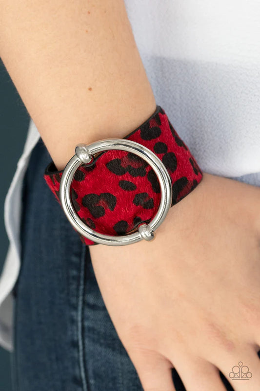 Asking FUR Trouble - Oversized Red/Black/Dk.Red Dramatic Silver Ring Slides Along Black Leather band "Fuzzy" Red Cheetah Print Wild Finish Adjustable Snap Closure Bracelet B#261