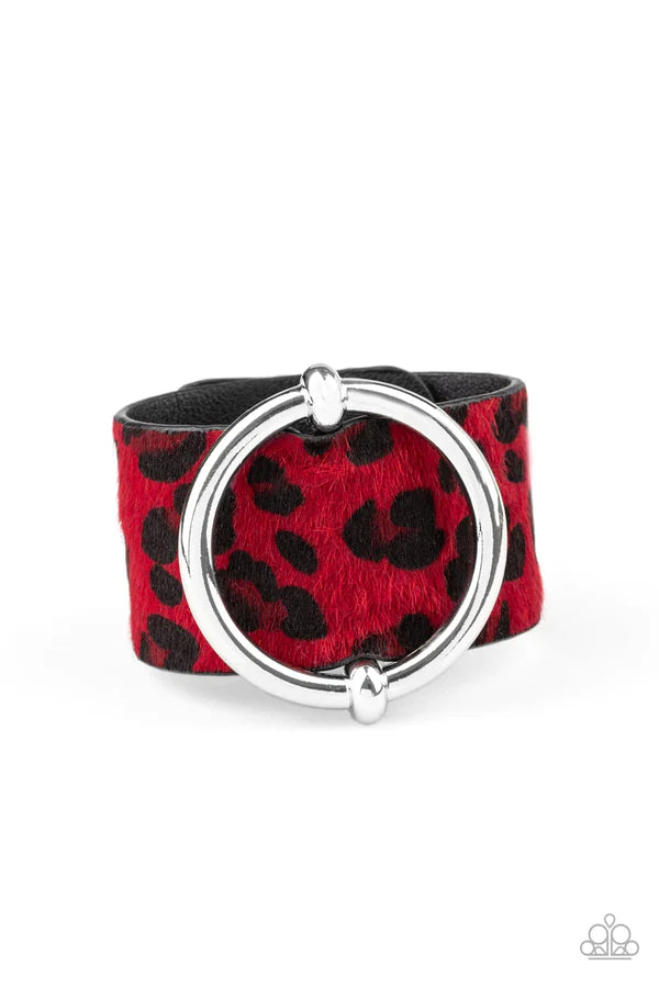Asking FUR Trouble - Oversized Red/Black/Dk.Red Dramatic Silver Ring Slides Along Black Leather band "Fuzzy" Red Cheetah Print Wild Finish Adjustable Snap Closure Bracelet B#261