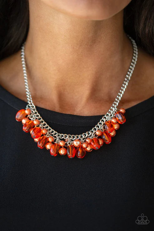 5th Avenue Flirtation - Orange Pearl/Crystal Interconnected Fringe Necklace N#1719