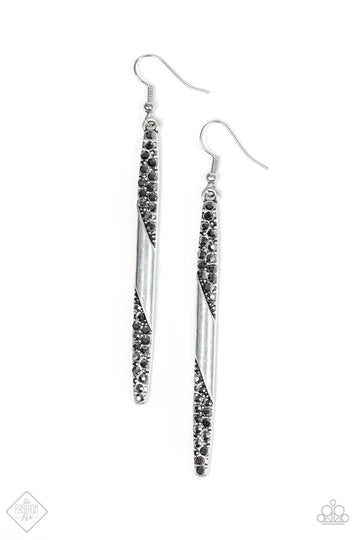 Award Show Attitude - Oversized Silver Metallic Hematite Encrusted Spike Pendulum Earrings E#1379