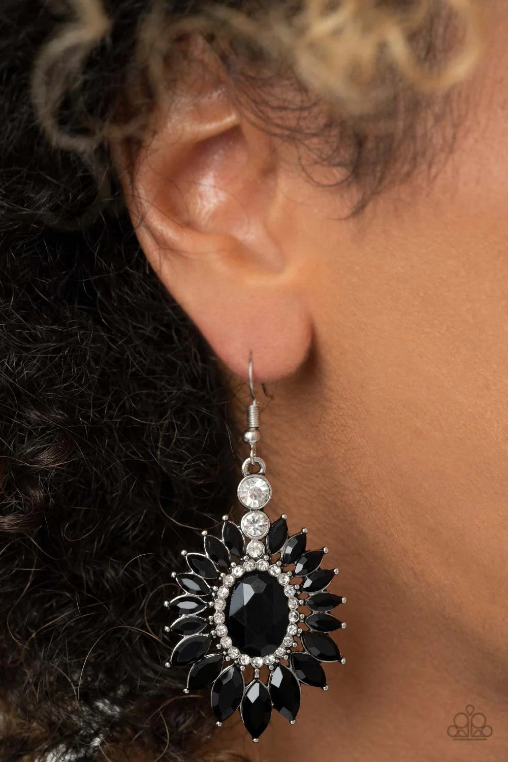 Big Time Twinkle - Black Oval Marquise Cut Floral Encrusted Fan Earrings E#1437