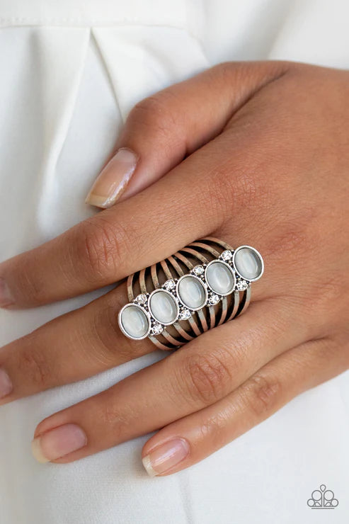 BLING Your Heart Out - Oversized White Encrusted Cat's Eye Moonstone Stacked Flare Ring R#2193