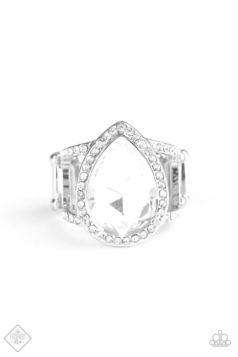 BLINGing Down The House - Oversized White Teardrop Gem Nestled Silver Teardrop Frame Encrusted Rippling Radiance Centerpiece Ring R#1064