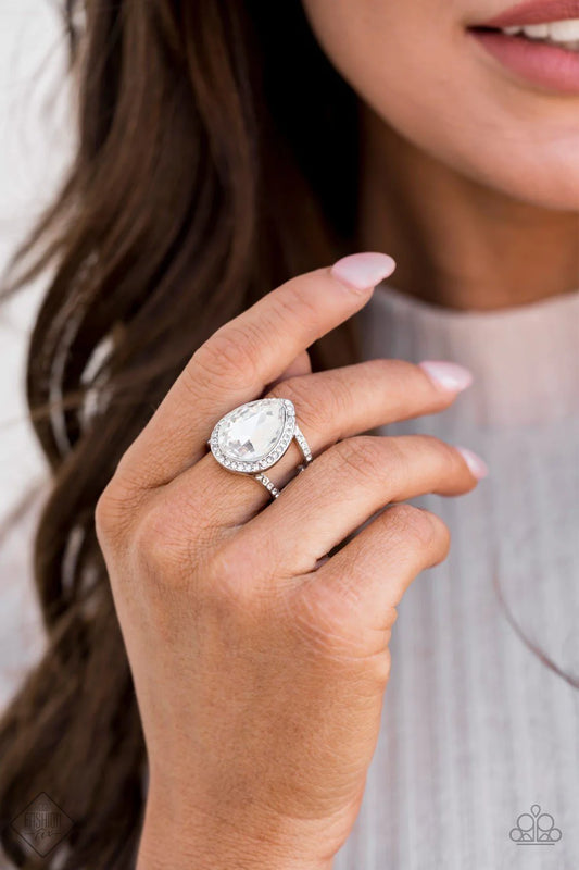 BLINGing Down The House - Oversized White Teardrop Gem Nestled Silver Teardrop Frame Encrusted Rippling Radiance Centerpiece Ring R#1064