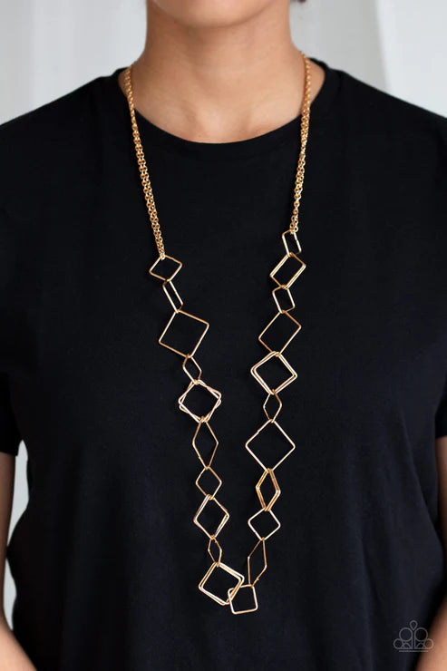 Backed Into A Corner - Oversized Gold Airy Squared Silhouettes Linked Necklace N#1684