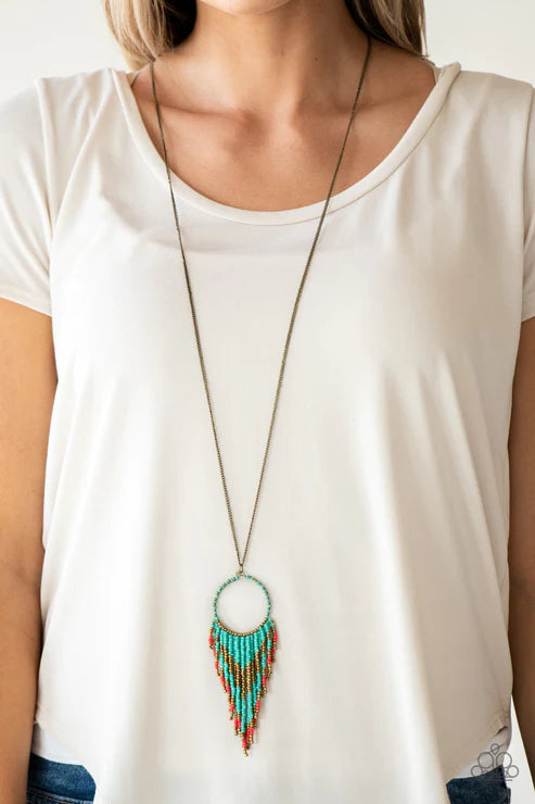 Badlands Beauty - Oversized Blue (Blue/Brass/Red) Dream Catcher Seed Bead Tribal Necklace N#2141