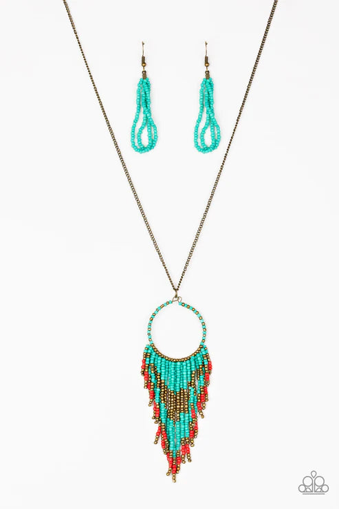 Badlands Beauty - Oversized Blue (Blue/Brass/Red) Dream Catcher Seed Bead Tribal Necklace N#2141