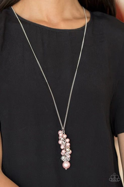 Ballroom Belle - Oversized Pink Pearl Mismatched Faceted Crystal Clustered Tassel Necklace N#2184