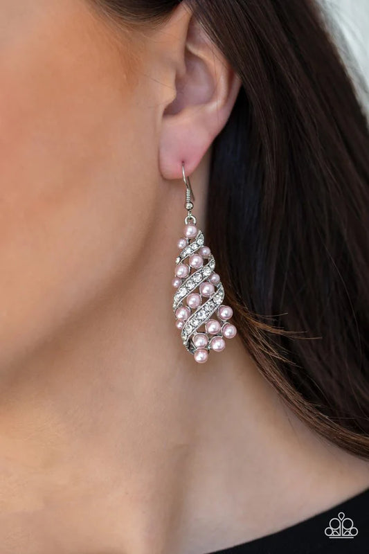 Ballroom Waltz - Bubbly Pink Pearl Encrusted Wrapped Ribbon Teardrop Earrings E#733