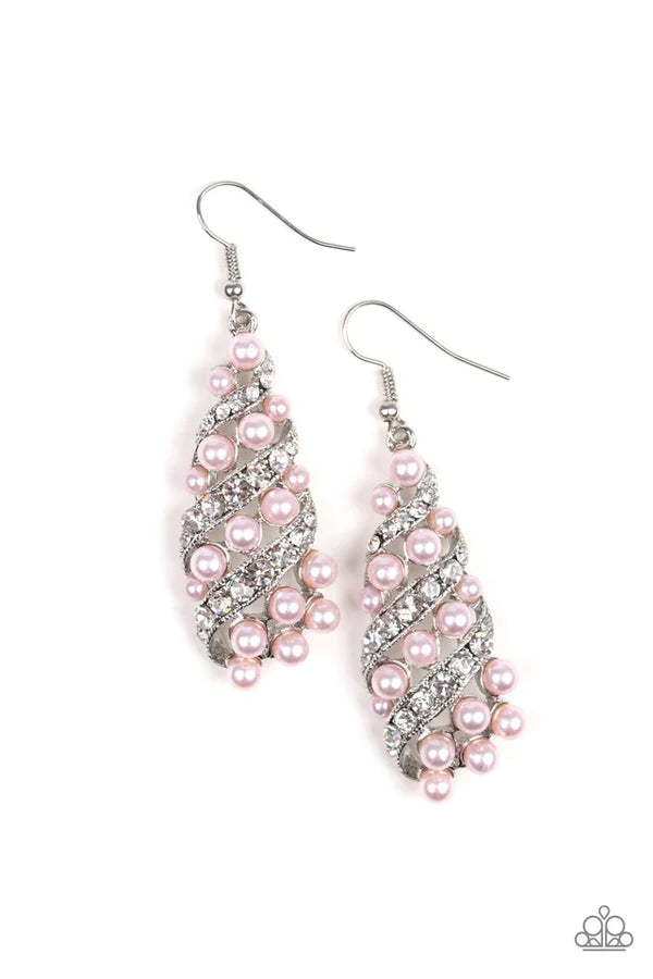 Ballroom Waltz - Bubbly Pink Pearl Encrusted Wrapped Ribbon Teardrop Earrings E#733