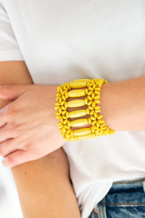 Barbados Beach Club - Oversized Yellow Tropical Coalescing Distressed Wood Bracelet B#2163