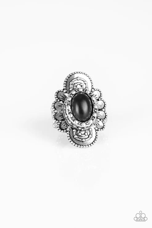 Basic Element - Oversized Black Dotted Textured Petal Bloom Stone Ring R#1754