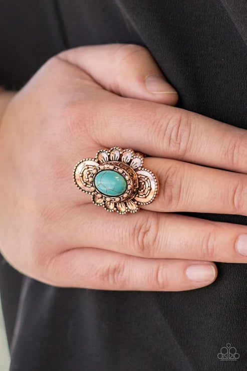 Basic Element - Oversized Copper/Blue Dotted Textured Petal Bloom Stone Ring R#1851