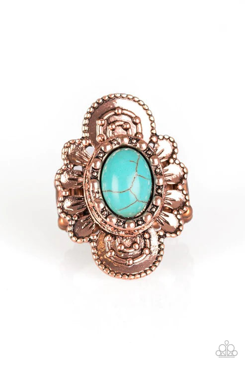 Basic Element - Oversized Copper/Blue Dotted Textured Petal Bloom Stone Ring R#1851
