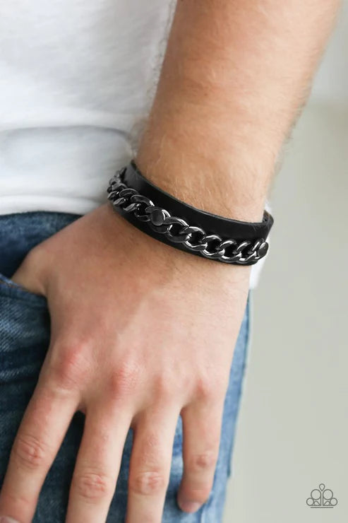 Be The CHAINge - Black/Gunmetal Studded Chain Leather Urban Bracelet B#1599