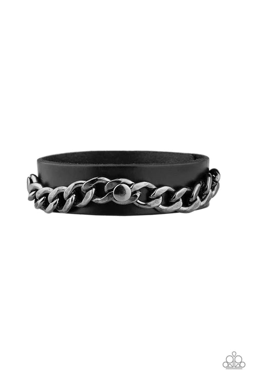 Be The CHAINge - Black/Gunmetal Studded Chain Leather Urban Bracelet B#1599