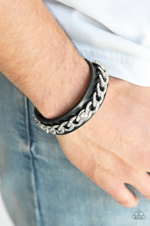 Be The CHAINge - Silver/Black Studded Chain Leather Urban Bracelet B#1622