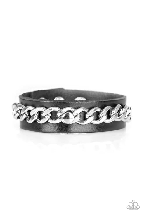 Be The CHAINge - Silver/Black Studded Chain Leather Urban Bracelet B#1622