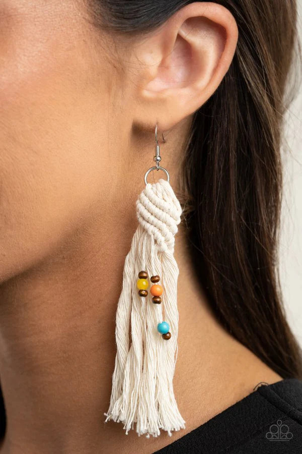 Beach Bash - Oversized Multi/White Beach Beads/Wood Macramé Knotted Tassel Earrings E#087