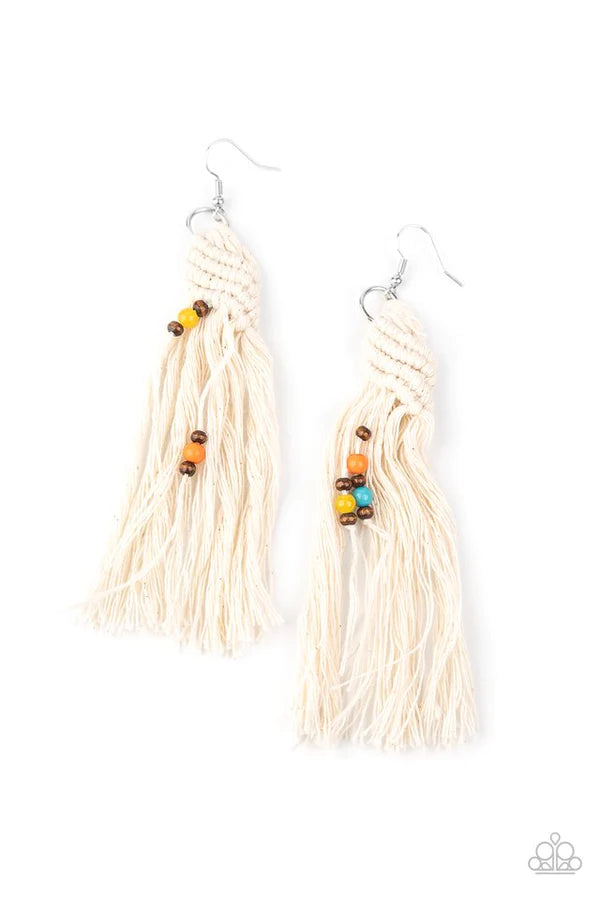 Beach Bash - Oversized Multi/White Beach Beads/Wood Macramé Knotted Tassel Earrings E#087