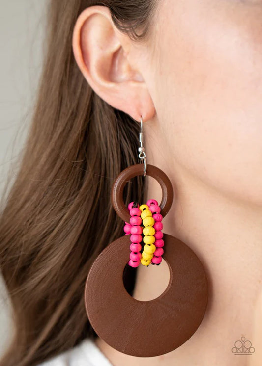 Beach Day Drama - Oversized Multi (Pink/Yellow/Brown) Wooden Beaded Links Connect Crescent Hoop Lure Earrings E#335