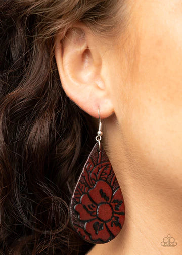 Beach Garden - Oversized Brown Embossed 3D Leaf Floral Leather Teardrop Earrings E#1454