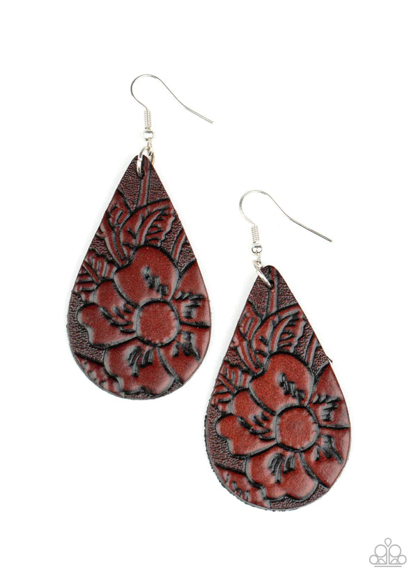 Beach Garden - Oversized Brown Embossed 3D Leaf Floral Leather Teardrop Earrings E#1454