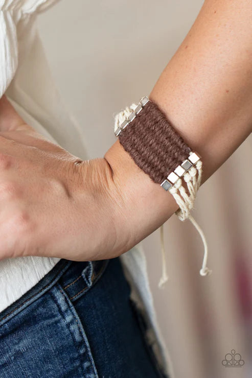Beachology - Oversized Brown Beach Infused Silver Cube Knotted/Weaved Twine Cord Accent Sliding Knot Closure Urban Bracelet B#1995