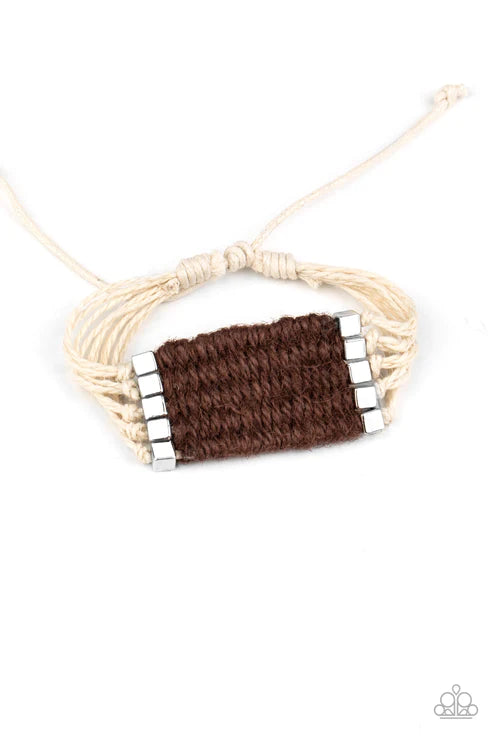 Beachology - Oversized Brown Beach Infused Silver Cube Knotted/Weaved Twine Cord Accent Sliding Knot Closure Urban Bracelet B#1995