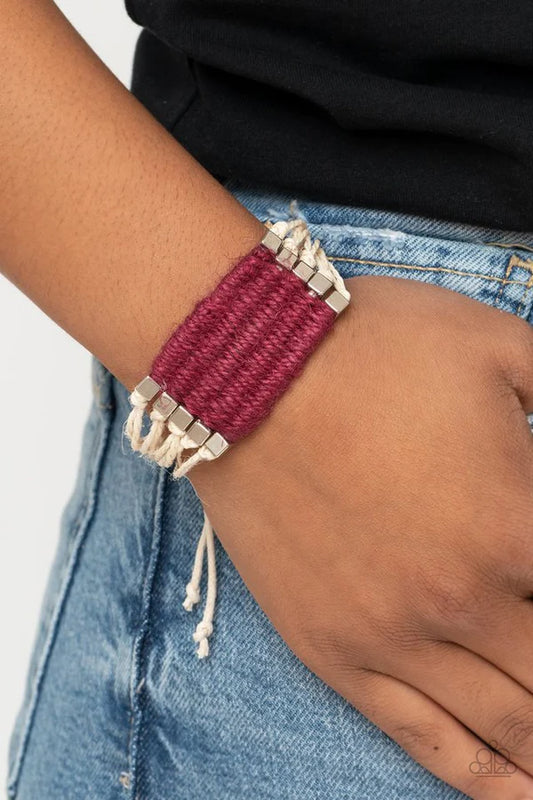 Beachology - Oversized Red (Wine) Beach Infused Silver Cube Knotted/Weaved Twine Cord Accent Sliding Knot Closure Urban Bracelet B#092