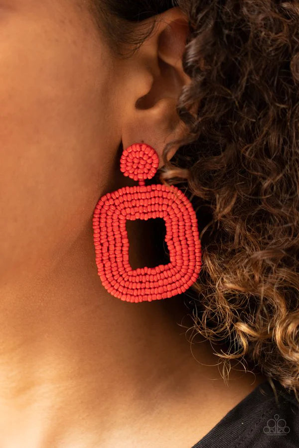 Beaded Bella - Oversized Fiery Red Rounded/Squared Seed Bead Earrings E#413