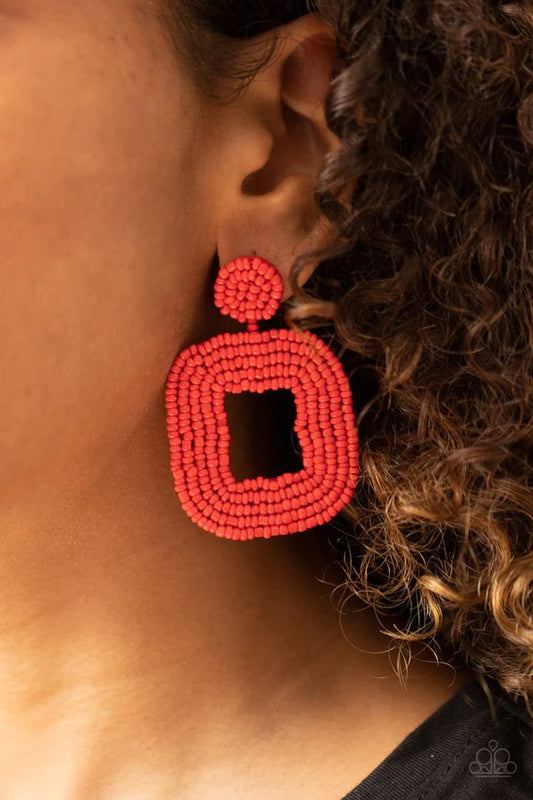 Beaded Bella - Oversized Fiery Red Rounded/Squared Seed Bead Earrings E#413