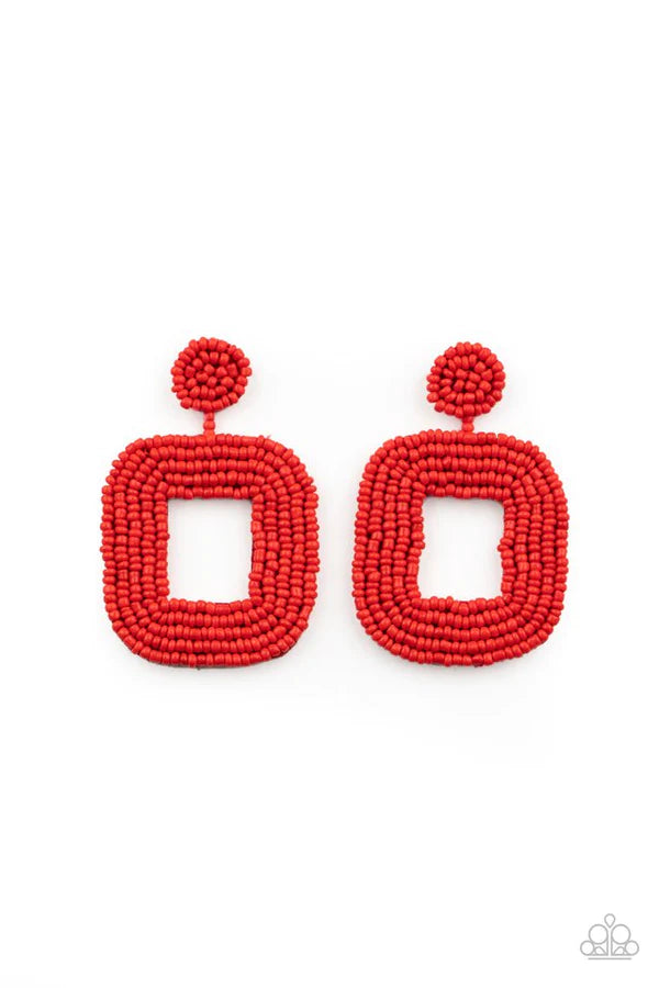 Beaded Bella - Oversized Fiery Red Rounded/Squared Seed Bead Earrings E#413