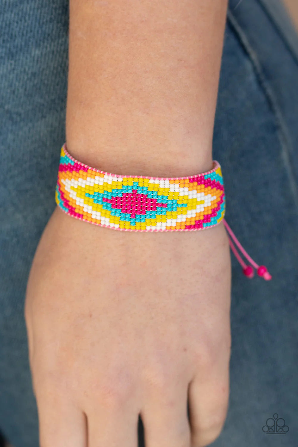 Beautifully Badlands - Pink (Pink/Blue/Yellow/White/Orange) Weaved Textile Tribal Seed Bead Bracelet B#415