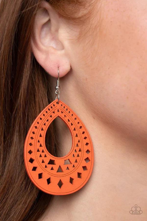 Belize Beauty - Oversized Orange Amberglow Stenciled Diamond/Triangular Tribal Wood Earrings E#578