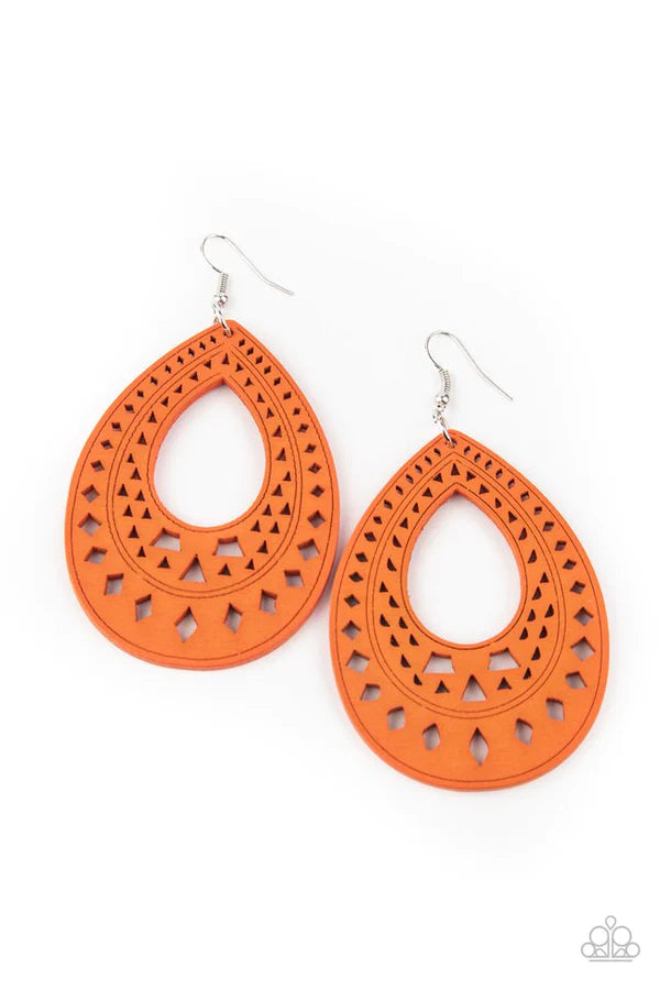 Belize Beauty - Oversized Orange Amberglow Stenciled Diamond/Triangular Tribal Wood Earrings E#578