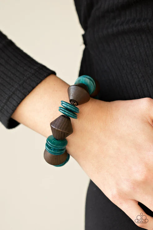 Bermuda Boardwalk - Oversized Blue/Brown Chunky Wooden Discs Summery Bracelet B#1612