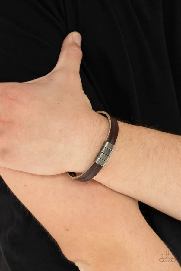 Best ROAM-mate Ever - Brown/Silver Spliced Leather Adjustable Snap Closure Urban Bracelet B#368