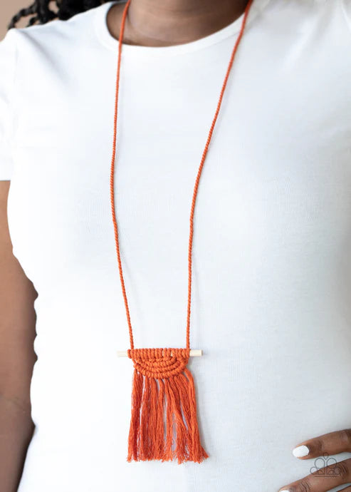 Between You and MACRAME - Orange Macrame Knotted Wood Dowel Tassel Necklace N#2534